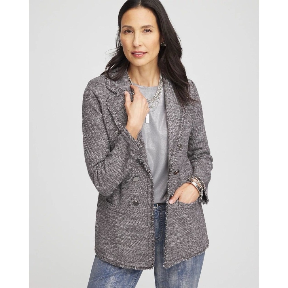 Chico's Metallic Tweed Sweater Jacket Sz 2 Double Breasted Casual Office Large